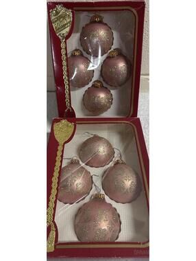 VTG Victoria Collection Christmas Ornaments 8 Pink & Gold Glass Glitter